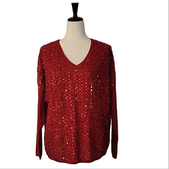 I Jeans By Buffalo Red Sequin Fuzzy V-neck Party Sweater Size L - Picture 2 of 7